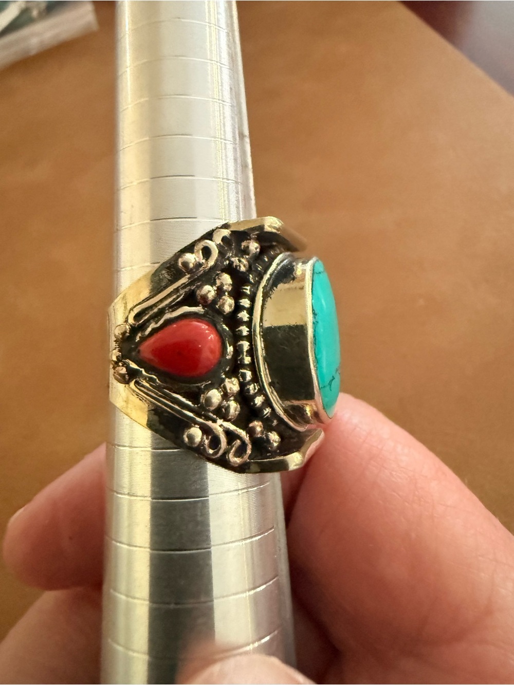 Tibetan Silver Ring with Turquoise, Red Coral. Size 9 - Picture 2 of 7